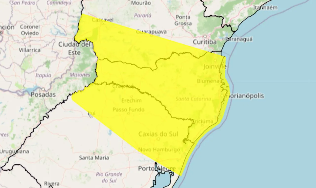 O mapa mostra as &aacute;reas em alerta para chuva intensa e ventos intenso